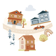 car is driving down the street. cartoon map kids nursery poster print isolated on white background. 