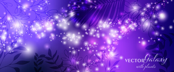 Wall Mural - magical color galaxy with plants decor. realistic nebula and lots of shining stars. infinite univers