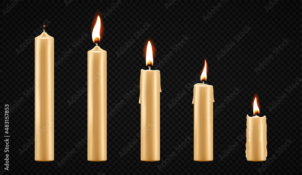 Vector set of realistic burning candles isolated on transparent ...
