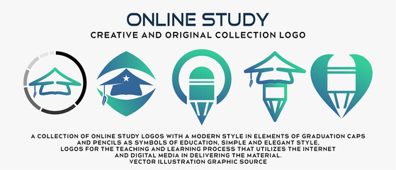 a collection of online study logo designs in a modern and simple style, graduation cap and pencil elements in a creative concept. premium vector education logo illustration