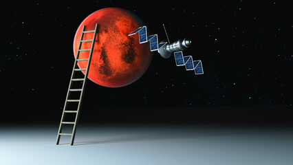Wall Mural - ladder to the planet mars (3d rendering,this image elements furnished by nasa)