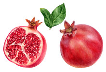 Pomegranate Whole And Cut With Leaves Watercolor Illustration Isolated On White Background.