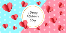 Pink And Blue Polka Dot Banner With Paper Hearts For Valentine's Day, Write Nice Or Advertising Messages