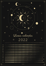 2022 Moon Calendar. Astrological Calendar Design. Moon Phase Cycle. Modern Boho Moon Calendar Poster Template Design. Lunar Phases Schedule And Cycles. Vector Vintage Illustration. Editable A3, A4, A5