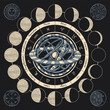 © paseven - Vector circle of the Zodiac signs with icons, names, moon phases and Ptolemaic Geocentric System on a black background. Hand-drawn illustration in vintage style on an astrological theme