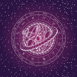 © paseven - Vector circle of the Zodiac signs with icons, names and Ptolemaic Geocentric System on the background of the starry sky. Decorative banner for astrological forecasts and horoscopes. Contour drawings