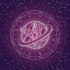 Wall Mural - Vector circle of the Zodiac signs with icons, names and Ptolemaic Geocentric System on the background of the starry sky. Decorative banner for astrological forecasts and horoscopes. Contour drawings