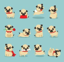 Vector Set Of Cute Dogs Pugs For Cards, Banners And Posters