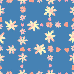 Wall Mural - Seamless checkered background of watercolor drawings yellow and pink daisies and heart shapes