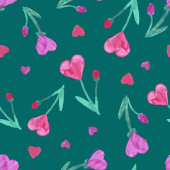 Wall Mural - Seamless floral background of abstract watercolor pink and red flowers with heart shapes