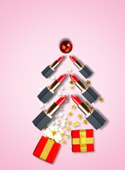 Sticker - A creative inspirational idea of red lipstick with the shape of a Christmas tree. Fashion, makeup or cosmetic concept.