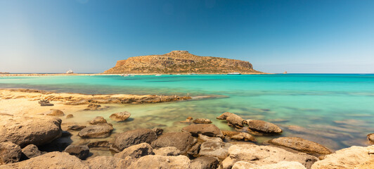 Wall Mural - Gramvousa Island on Balos, the most famous paradise beach in Crete, Greece, Turquoise water, White sand and picturesque rocks