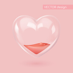 Realistic glass heart with red liquid and bubbles. Symbol of love. Be my Valentine. Vector illustration for card, party, design, flyer, poster, decor, banner, web, advertising.