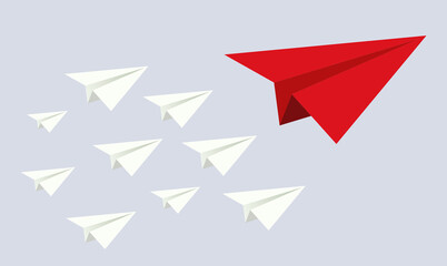 Wall Mural - Paper planes competition in the sky background illustration. Concept of leadership, teamwork, different, competition, business, startup, management, goal, strategy, creative idea. VECTOR EPS10.