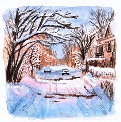 Poster - Watercolor sketch with winter street