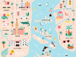 Vector illustration of map of Miami with streets, symbols, famous landmarks