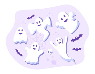 Wall Mural - Set of ghosts. Scary and horror picture for Halloween. Decoration of greeting and invitation cards, graphic elements for website. CArtoon flat vector illustration isolated on white background