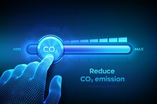 Carbon Dioxide Emissions Control Concept. Reduce CO2 Level. Wireframe Hand Is Pulling To The Minimum Position Carbon Dioxide Progress Bar. CO2 Reduction Or Removal Concept. Vector Illustration.