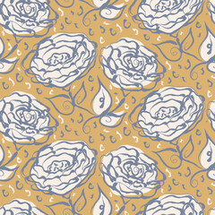 French yellow blue floral linen seamless pattern with 2 tone country cottage style botanical motif. Simple vintage rustic fabric textile effect. Primitive modern shabby chic design.