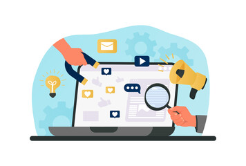 Wall Mural - social media marketing. hands holding magnifying glass and magnet. specialists looking for best way 