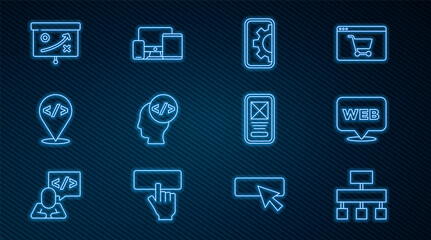 Set line Site map, Web and graphic design, development, Front end, Planning strategy concept, UI or UX and Monitor, mobile, tablet icon. Vector