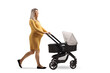 Full length profile shot of a pregnant woman walking and pushing a stroller