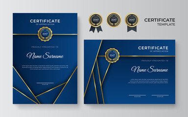 Wall Mural - Modern blue certificate template and border, for award, diploma, and printing. Blue and gold elegant certificate of achievement template with gold badge and border