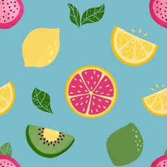 Seamless pattern with citrus fruits. Tropical background with fresh fruits  slices for textile, fabrics, socks, wrapping paper, packaging, apparel. Grapefruit, lemon, lime, kiwi, dragon fruit 