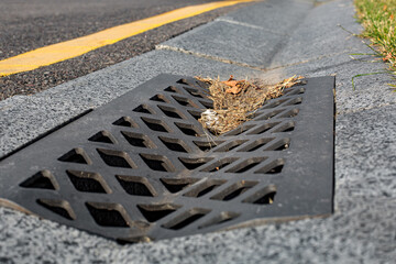 stone grate with holes for drainage of storm water from a concrete ditch on the side of an asphalt road close-up of a dirty drain canal on sunny day.