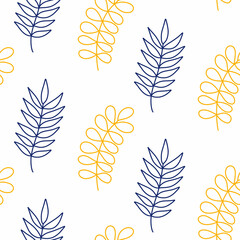  Vector hand drawn summer floral seamless pattern isolated on white background. Decorative doodle line art leaves. Tropical background for wedding design, wrapping, textiles, ornate and greeting cards