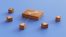 Configure Technology Concept With Tool Symbol On A Wooden Block. User Network Connections Are Represented With White String. Blue Background. 3D Render.