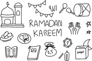 Wall Mural - Set of trend doodles ramadan kareem 2022. vector illustration