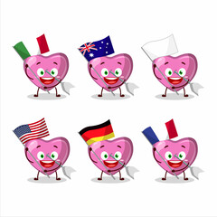 Poster - Pink cupid love arrow cartoon character bring the flags of various countries