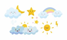 Kawaii Stars, Moon, Sun, Rainbow And Clouds. Baby Cute Pastel Colors.