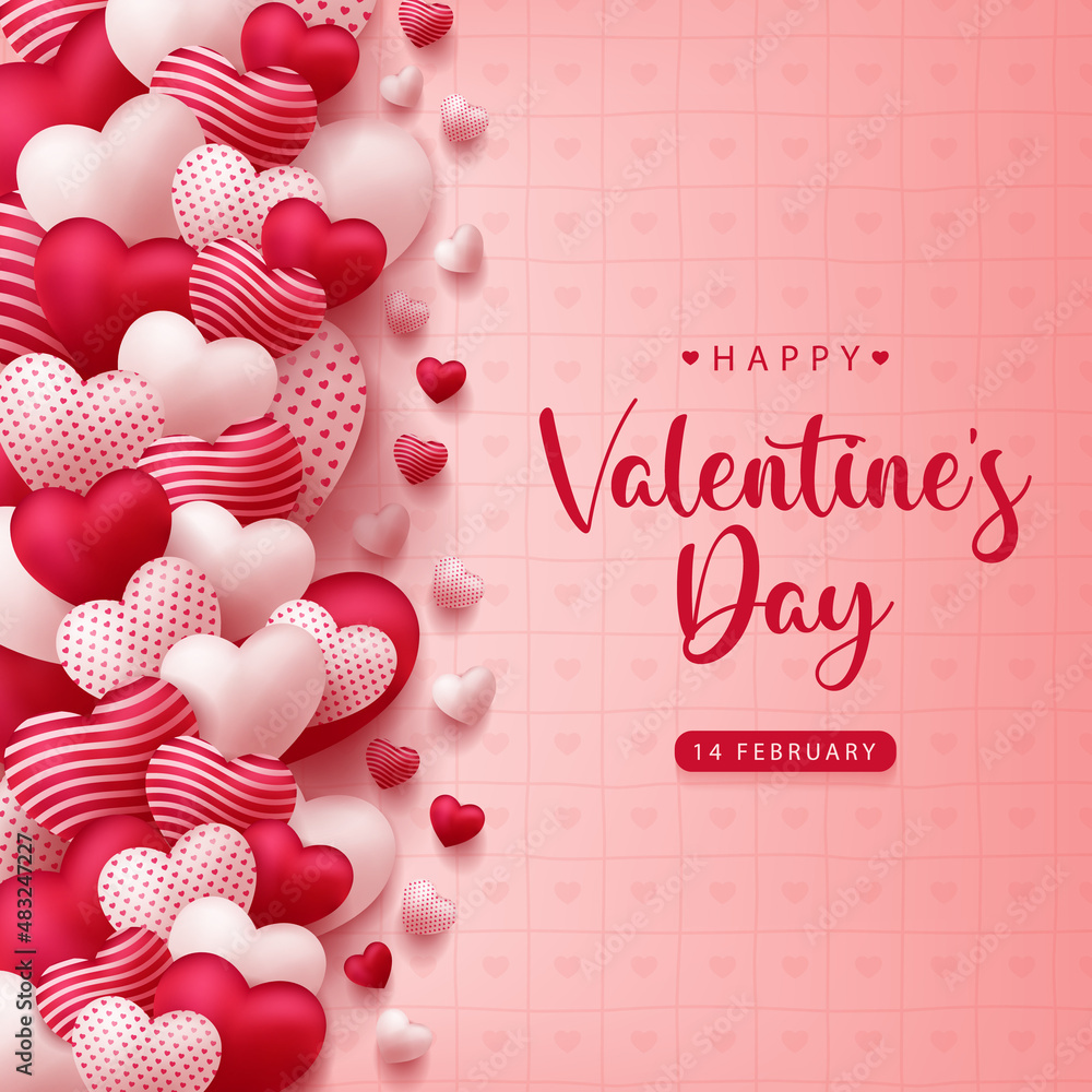 Happy Valentine's Day vector design background with realistic 3d heart ...
