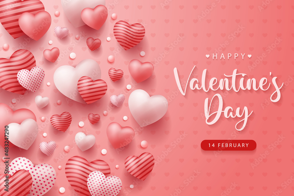 Happy Valentine's Day vector design background with realistic 3d heart ...