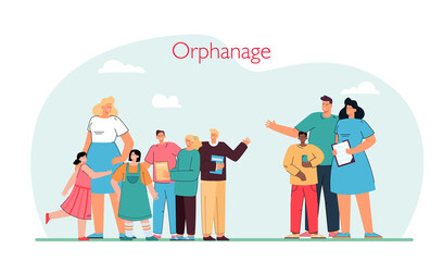Wall Mural - Happy married couple adopting child from orphanage. Woman with group of children, husband and wife with legal documents flat vector illustration. Family, charity, support, adoption concept for banner