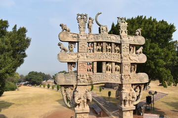 Wall Mural - Stupa No 1, North Gateway. Rear view of Architraves  and pillars supported by elephants. The Great Stupa, World Heritage Site, Sanchi, Madhya Pradesh, India.