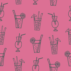 Wall Mural - cocktails hand drawn seamless pattern in doodle. cafe, bar,restaurant, drinks, summer. textile design, menu, wrapping paper. trendy color 2022.