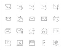 Set Of Mail And Letter Icons Line Style. It Contains Such Icons As Envelope, E-mail, Mailbox, Essential, Contact, Newsletter, Subscribe And Other Elements.
