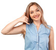 Woman with call me gesture posing on white background