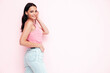 © halayalex - Young beautiful smiling female in trendy summer clothes. carefree woman posing near pink wall in studio. Positive brunette model having fun and going crazy. Cheerful and happy