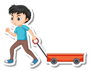 Sticker - Asian boy pulling wagon cartoon character sticker