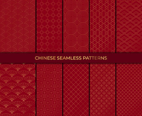 Set of 10 patterns in chinese style. Vector collection of asian backgrounds. Chinese seamless pattern collection. Decorative wallpaper.