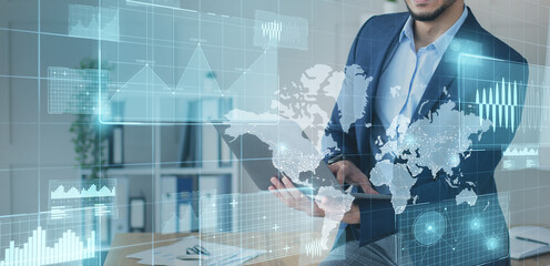 Poster - Business analyst using laptop. Technology and accounting concept. Double exposure