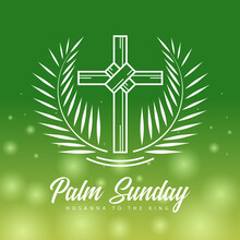 Palm Sunday - White Line Plam Cross Sign And Plam Leaf Around On Green Background With Light Vector Design