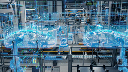Poster - Side-View Car Factory Digitalization: Automated Robot Arm Assembly Line Manufacturing High-Tech Sustainable Electric Vehicles. Futuristic AI Computer Vision Analyzing, Scanning Production Efficiency