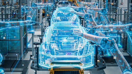 Poster - Front View Car Factory Digitalization: Automated Robot Arm Assembly Line Manufacturing High-Tech Sustainable Electric Vehicles. Futuristic AI Computer Vision Analyzing, Scanning Production Efficiency