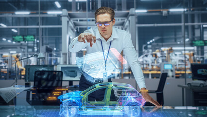Poster - Sustainable Industrial Design: Portrait of Modern Automotive Engineer Using Augmented Reality to Construct 3D Hologram Model of High-Tech Electric Car. Automated Vehicle Manufacturing Facility