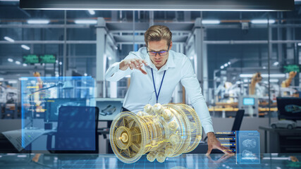 Fototapete - High-Tech Industry: Engineer Designing 3D Engine, Using Augmented Reality Hologram Table to Analyse Prototype Model. Turbine for Green Energy Electricity Production. Automated Robot Arm Manufacturing
